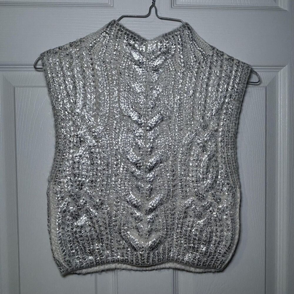 Zara Sweater Vest Women's Small Silver Metallic Cable Knit Mock Neck Glitter